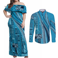 Pasifika Women's Day - Samoa Siapo Malu Tattoo Inspired Couples Matching Off Shoulder Maxi Dress and Long Sleeve Button Shirt Turquoise