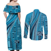Pasifika Women's Day - Samoa Siapo Malu Tattoo Inspired Couples Matching Off Shoulder Maxi Dress and Long Sleeve Button Shirt Turquoise