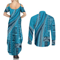 Pasifika Women's Day - Samoa Siapo Malu Tattoo Inspired Couples Matching Summer Maxi Dress and Long Sleeve Button Shirt Turquoise