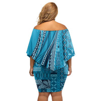 Pasifika Women's Day - Samoa Siapo Malu Tattoo Inspired Off Shoulder Short Dress Turquoise