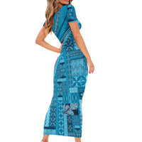 Pasifika Women's Day - Samoa Siapo Malu Tattoo Inspired Short Sleeve Bodycon Dress Turquoise