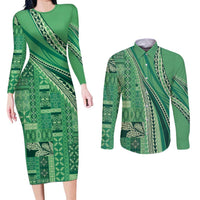 Pasifika Women's Day - Samoa Siapo Malu Tattoo Inspired Couples Matching Long Sleeve Bodycon Dress and Long Sleeve Button Shirt Jade