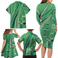 Pasifika Women's Day - Samoa Siapo Malu Tattoo Inspired Family Matching Long Sleeve Bodycon Dress and Hawaiian Shirt Jade LT7 - Polynesian Pride