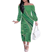 Pasifika Women's Day - Samoa Siapo Malu Tattoo Inspired Family Matching Off The Shoulder Long Sleeve Dress and Hawaiian Shirt Jade LT7 Mom's Dress Jade - Polynesian Pride