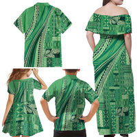 Pasifika Women's Day - Samoa Siapo Malu Tattoo Inspired Family Matching Off Shoulder Maxi Dress and Hawaiian Shirt Jade
