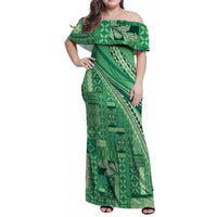 Pasifika Women's Day - Samoa Siapo Malu Tattoo Inspired Family Matching Off Shoulder Maxi Dress and Hawaiian Shirt Jade