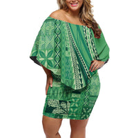 Pasifika Women's Day - Samoa Siapo Malu Tattoo Inspired Family Matching Off Shoulder Short Dress and Hawaiian Shirt Jade LT7 Mom's Dress Jade - Polynesian Pride
