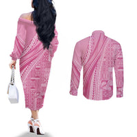 Pasifika Women's Day - Samoa Siapo Malu Tattoo Inspired Couples Matching Off The Shoulder Long Sleeve Dress and Long Sleeve Button Shirt Pink