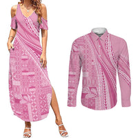 Pasifika Women's Day - Samoa Siapo Malu Tattoo Inspired Couples Matching Summer Maxi Dress and Long Sleeve Button Shirt Pink