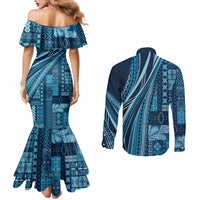 Pasifika Women's Day - Samoa Siapo Malu Tattoo Inspired Couples Matching Mermaid Dress and Long Sleeve Button Shirt Navy Blue