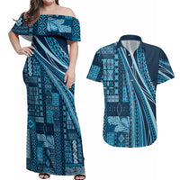 Pasifika Women's Day - Samoa Siapo Malu Tattoo Inspired Couples Matching Off Shoulder Maxi Dress and Hawaiian Shirt Navy Blue