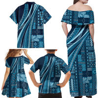 Pasifika Women's Day - Samoa Siapo Malu Tattoo Inspired Family Matching Off Shoulder Maxi Dress and Hawaiian Shirt Navy Blue
