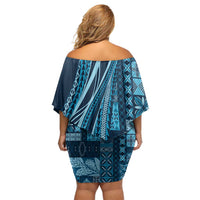 Pasifika Women's Day - Samoa Siapo Malu Tattoo Inspired Off Shoulder Short Dress Navy Blue