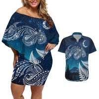 New Zealand Matariki Couples Matching Off Shoulder Short Dress and Hawaiian Shirt Starry Night Style LT7 Navy - Polynesian Pride