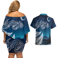 New Zealand Matariki Couples Matching Off Shoulder Short Dress and Hawaiian Shirt Starry Night Style LT7 - Polynesian Pride