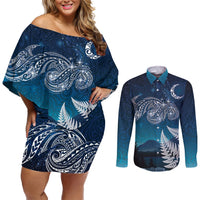 New Zealand Matariki Couples Matching Off Shoulder Short Dress and Long Sleeve Button Shirt Starry Night Style LT7 Navy - Polynesian Pride