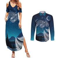 New Zealand Matariki Couples Matching Summer Maxi Dress and Long Sleeve Button Shirt Starry Night Style LT7 Navy - Polynesian Pride