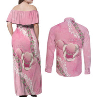 Hawaii Maui Island Flowers Lei Couples Matching Off Shoulder Maxi Dress and Long Sleeve Button Shirt Lokelani Rose Pink