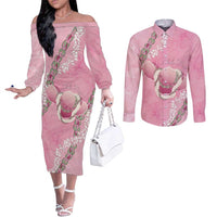 Hawaii Maui Island Flowers Lei Couples Matching Off The Shoulder Long Sleeve Dress and Long Sleeve Button Shirt Lokelani Rose Pink