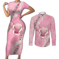 Hawaii Maui Island Flowers Lei Couples Matching Short Sleeve Bodycon Dress and Long Sleeve Button Shirt Lokelani Rose Pink