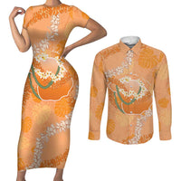 Hawaii Lanai Island Flowers Lei Couples Matching Short Sleeve Bodycon Dress and Long Sleeve Button Shirt Orange Kaunaoa Mix Maile LT7 Orange - Polynesian Pride