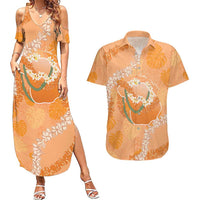 Hawaii Lanai Island Flowers Lei Couples Matching Summer Maxi Dress and Hawaiian Shirt Orange Kaunaoa Mix Maile LT7 Orange - Polynesian Pride