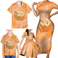 Hawaii Lanai Island Flowers Lei Family Matching Short Sleeve Bodycon Dress and Hawaiian Shirt Orange Kaunaoa Mix Maile LT7 - Polynesian Pride