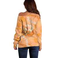 Hawaii Lanai Island Flowers Lei Off Shoulder Sweater Orange Kaunaoa Mix Maile