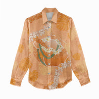 Hawaii Lanai Island Flowers Lei Women Casual Shirt Orange Kaunaoa Mix Maile