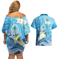 Hafa Adai Guam Chamorro Personalized Couples Matching Off Shoulder Short Dress and Hawaiian Shirt Ocean Blue Latte Stone with Guasali - Polynesian Pride