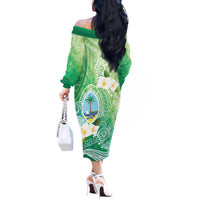 Hafa Adai Guam Chamorro Personalized Off The Shoulder Long Sleeve Dress Summer Green Latte Stone with Guasali - Polynesian Pride
