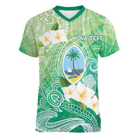 Hafa Adai Guam Chamorro Personalized Women V-Neck T-Shirt Summer Green Latte Stone with Guasali - Polynesian Pride
