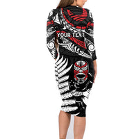 New Zealand Maori Rugby Personalised Family Matching Long Sleeve Bodycon Dress and Hawaiian Shirt Ta Moko Silver Fern LT7 - Polynesian Pride