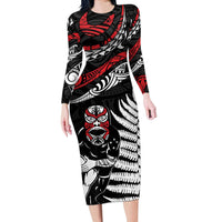 New Zealand Maori Rugby Personalised Long Sleeve Bodycon Dress Ta Moko Silver Fern