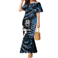 New Zealand Maori Rugby Personalised Family Matching Mermaid Dress and Hawaiian Shirt Ta Moko Silver Fern - Paua Blue