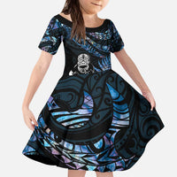 New Zealand Maori Rugby Personalised Kid Short Sleeve Dress Ta Moko Silver Fern - Paua Blue