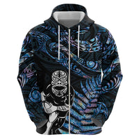 New Zealand Maori Rugby Personalised Zip Hoodie Ta Moko Silver Fern - Paua Blue LT7 - Polynesian Pride