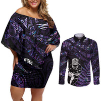 New Zealand Maori Rugby Personalised Couples Matching Off Shoulder Short Dress and Long Sleeve Button Shirt Ta Moko Silver Fern - Paua Purple