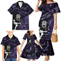 New Zealand Maori Rugby Personalised Family Matching Mermaid Dress and Hawaiian Shirt Ta Moko Silver Fern - Paua Purple LT7 - Polynesian Pride