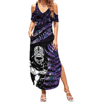 New Zealand Maori Rugby Personalised Family Matching Summer Maxi Dress and Hawaiian Shirt Ta Moko Silver Fern - Paua Purple