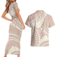 Polynesian Vintage Floral Couples Matching Short Sleeve Bodycon Dress and Hawaiian Shirt Beige Motifs LT7 - Polynesian Pride