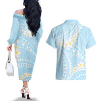 Polynesian Vintage Floral Couples Matching Off The Shoulder Long Sleeve Dress and Hawaiian Shirt Azure Motifs - Polynesian Pride