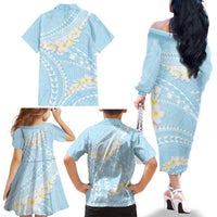 Polynesian Vintage Floral Family Matching Off The Shoulder Long Sleeve Dress and Hawaiian Shirt Azure Motifs - Polynesian Pride