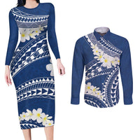Polynesian Vintage Floral Couples Matching Long Sleeve Bodycon Dress and Long Sleeve Button Shirt Navy Blue Motifs - Polynesian Pride