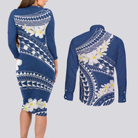 Polynesian Vintage Floral Couples Matching Long Sleeve Bodycon Dress and Long Sleeve Button Shirt Navy Blue Motifs - Polynesian Pride