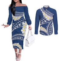 Polynesian Vintage Floral Couples Matching Off The Shoulder Long Sleeve Dress and Long Sleeve Button Shirt Navy Blue Motifs - Polynesian Pride