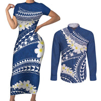 Polynesian Vintage Floral Couples Matching Short Sleeve Bodycon Dress and Long Sleeve Button Shirt Navy Blue Motifs - Polynesian Pride