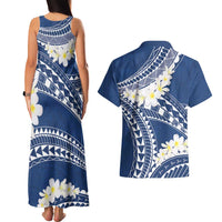 Polynesian Vintage Floral Couples Matching Tank Maxi Dress and Hawaiian Shirt Navy Blue Motifs - Polynesian Pride