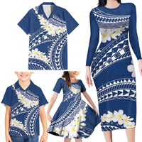 Polynesian Vintage Floral Family Matching Long Sleeve Bodycon Dress and Hawaiian Shirt Navy Blue Motifs LT7 - Polynesian Pride