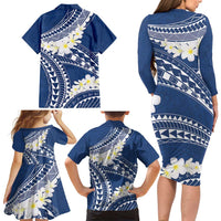 Polynesian Vintage Floral Family Matching Long Sleeve Bodycon Dress and Hawaiian Shirt Navy Blue Motifs LT7 - Polynesian Pride